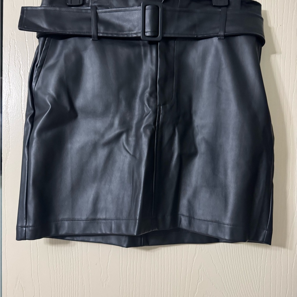 Black Faux Leather Skirt with Belt